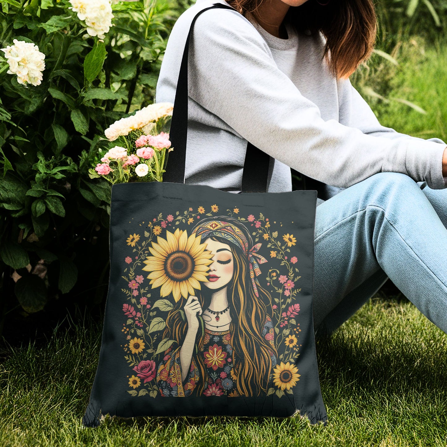 Sunshine Soul Tote – Bohemian Chic with Sunflowers