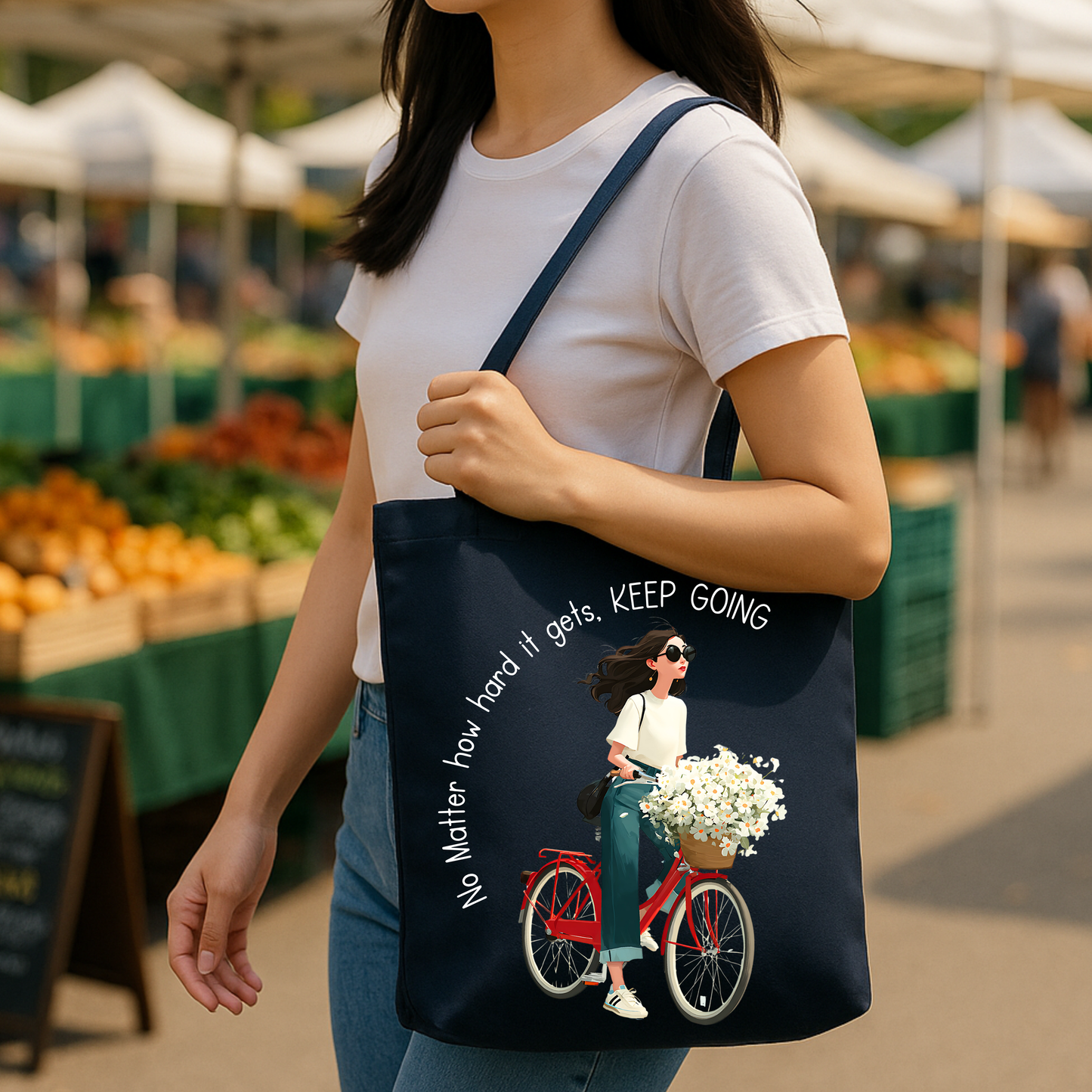 Bloom with Every Ride Black tote bag